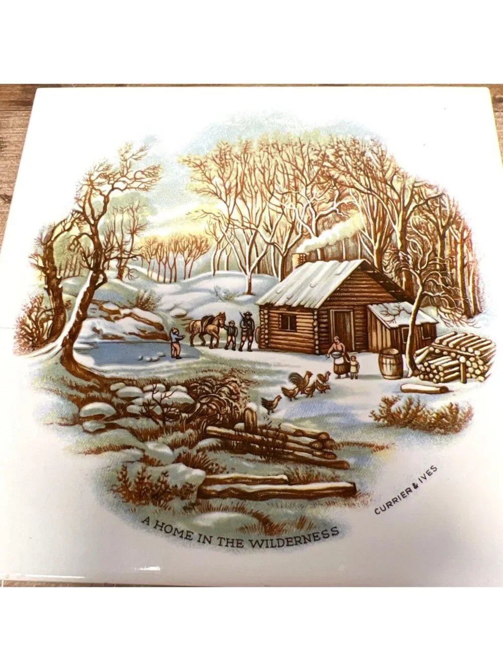 VTG Currier & Ives Winter Scene Ceramic Tile Set Of 4 Decorative Art Tiles 6